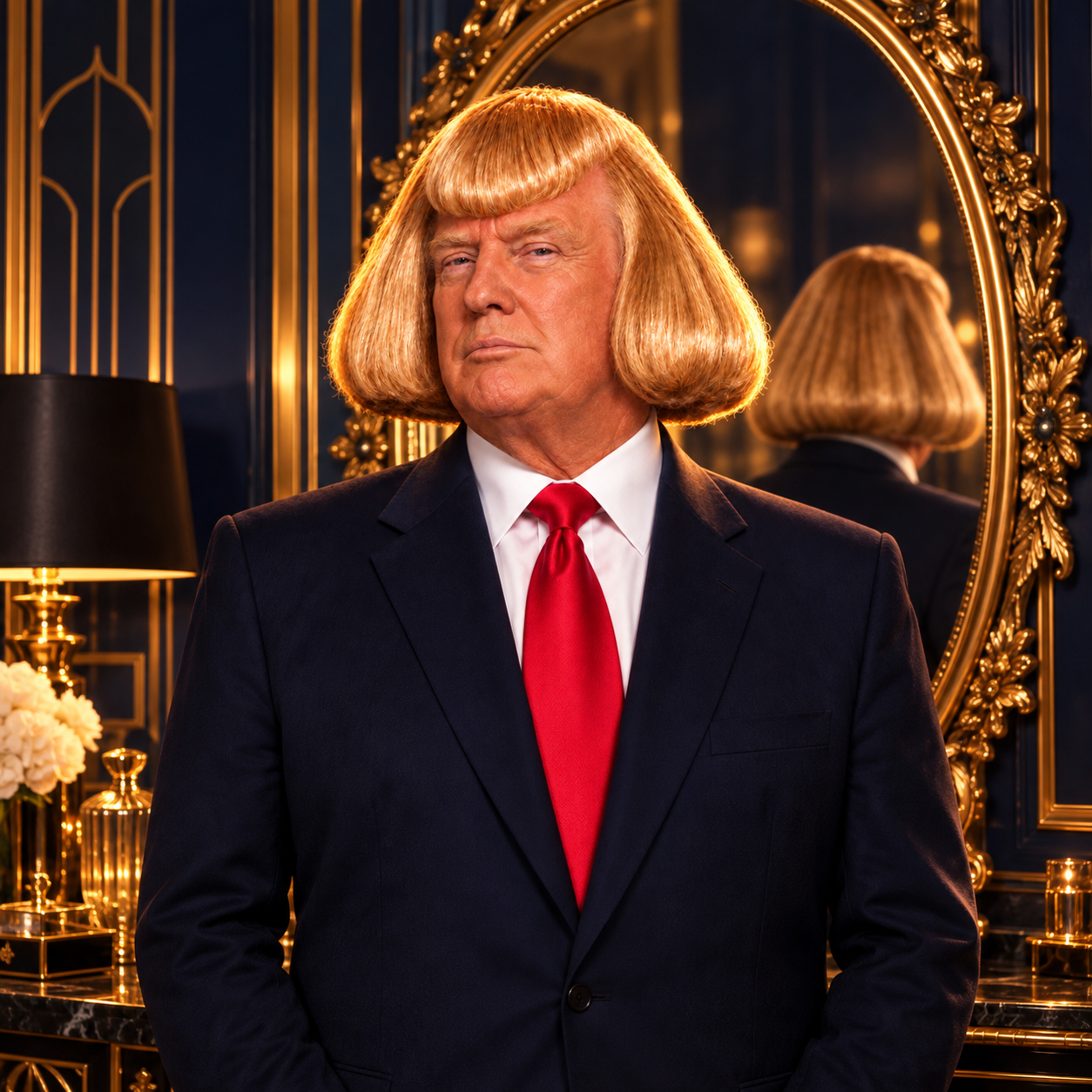 Donald Jean Phil beside a gilded mirror