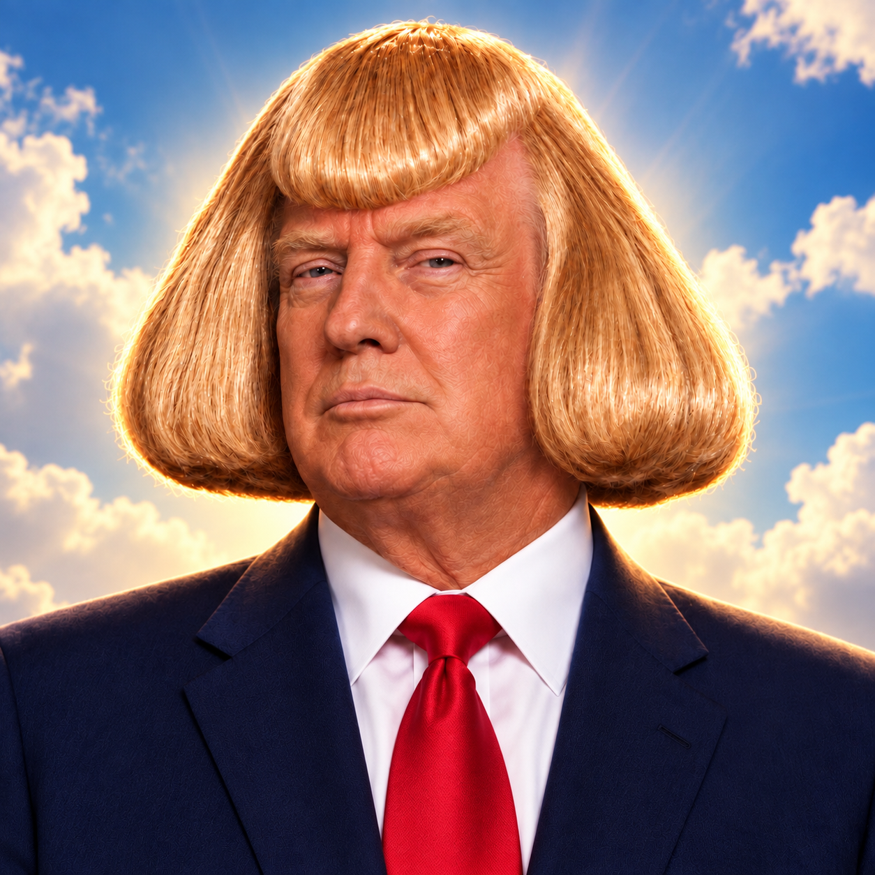 Donald Trump wearing a glossy golden-blonde bob hairstyle